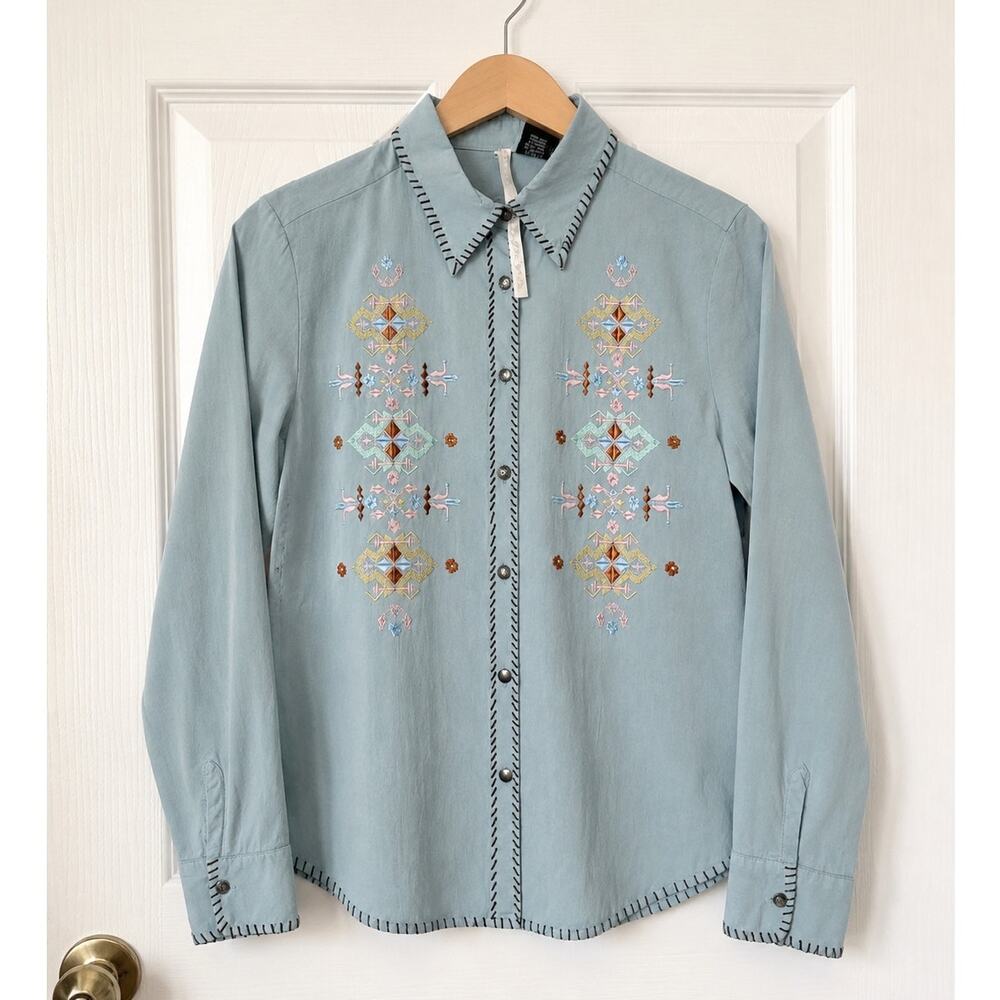 MARTINI RANCH Embroidered Western Button Front Shirt Blue Large  Southwestern